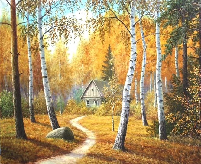 Золотая осень - домик в лесу, березовая роща, осень - оригинал