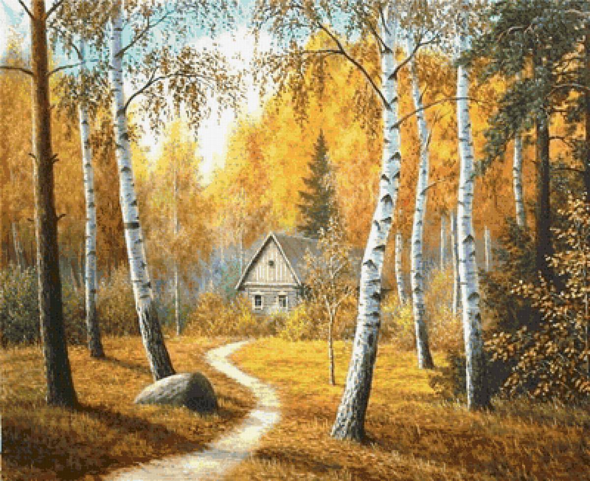 Золотая осень - домик в лесу, осень, березовая роща - предпросмотр