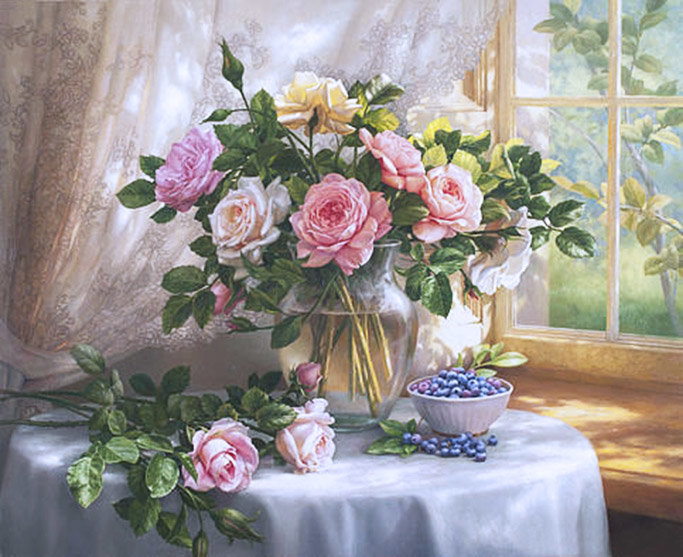 Худ. Сатаров Михаил - натюрморт, цветы, розы, ваза, окно - оригинал