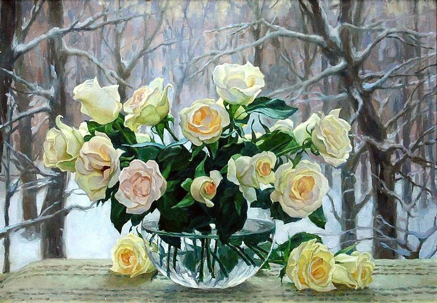Чайные розы на зимнем окне - цветы, окно, ваза, натюрморт, пейзаж, розы - оригинал