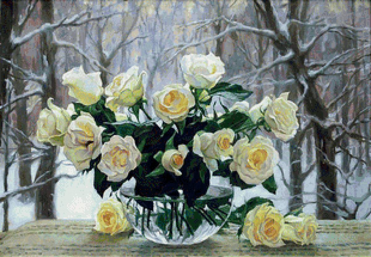 Чайные розы на зимнем окне - натюрморт, пейзаж, ваза, розы, окно, цветы - предпросмотр
