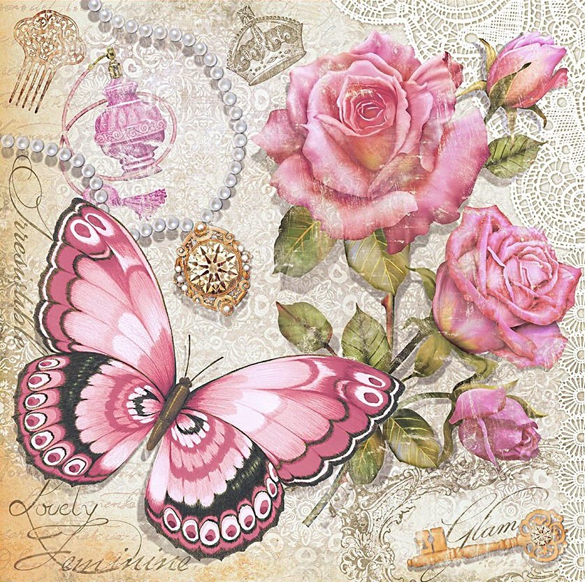 бабочки и цветы - бабочка, розы, розовые цветы, подушка - оригинал
