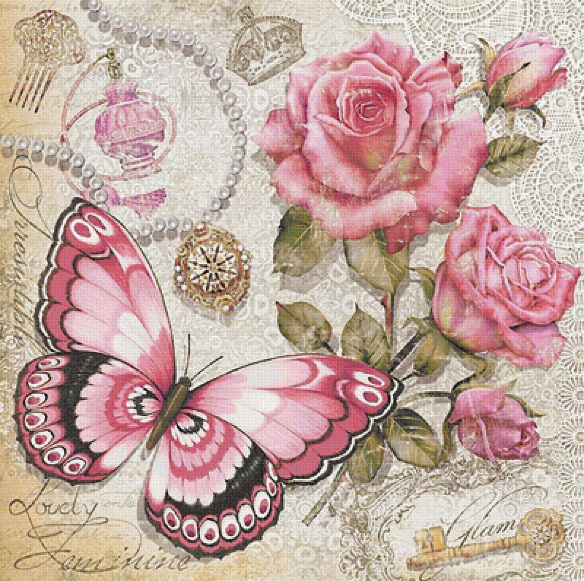 бабочки и цветы - бабочка, подушка, розовые цветы, розы - предпросмотр