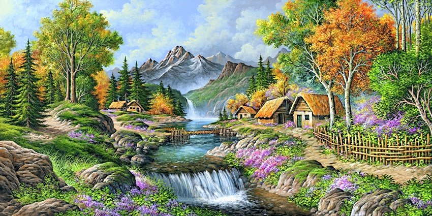 горный пейзаж - деревня, пейзаж, дом, лето, водопад, осень, лес, горы, дома - оригинал