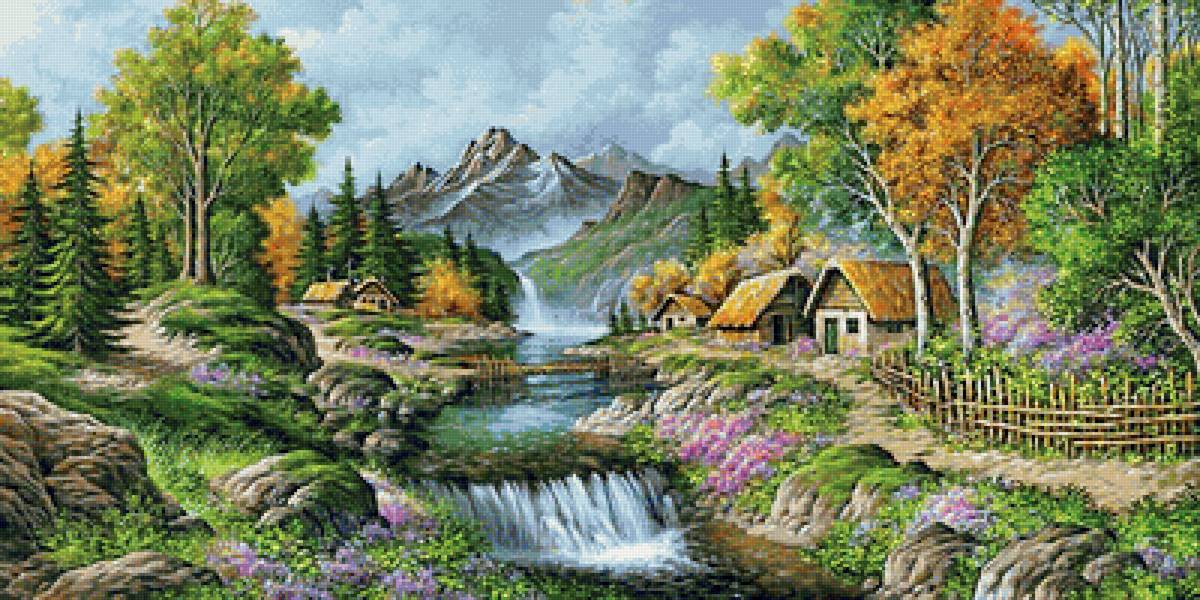 горный пейзаж - водопад, горы, деревня, дома, пейзаж, лес, дом, осень, лето - предпросмотр
