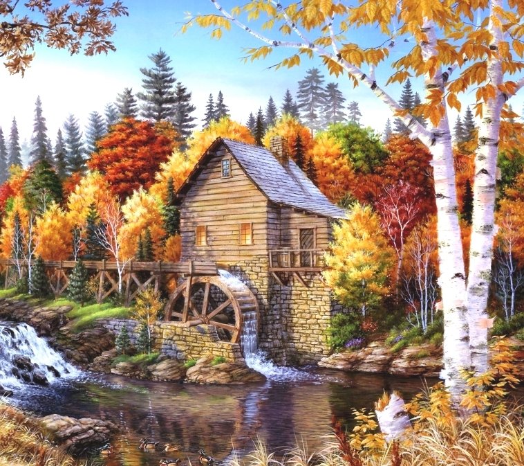Золотая осень - домик в лесу, водяная мельница, осень, лес - оригинал