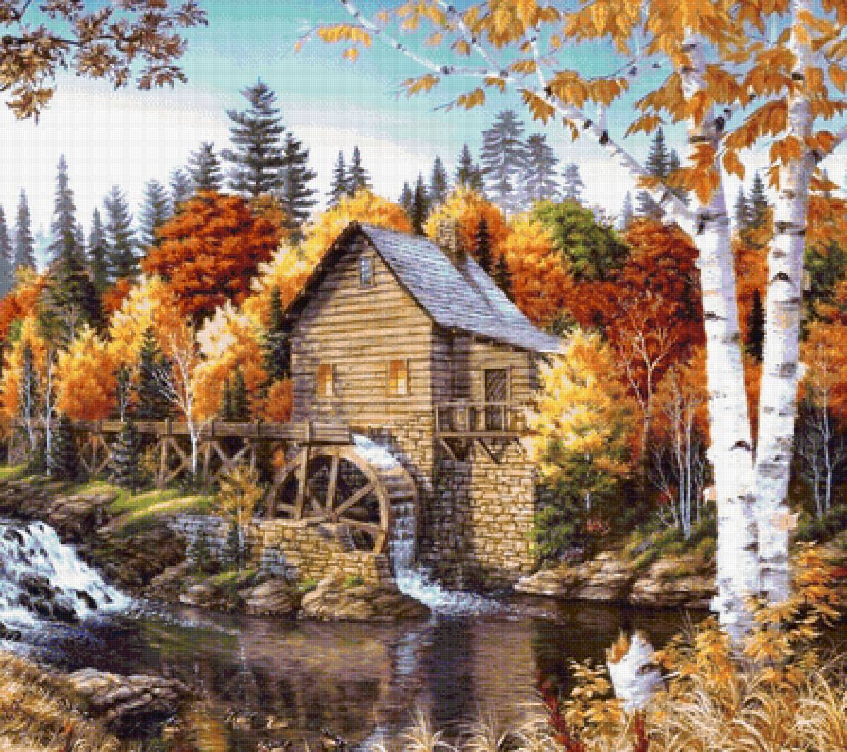 Золотая осень - осень, лес, водяная мельница, домик в лесу - предпросмотр