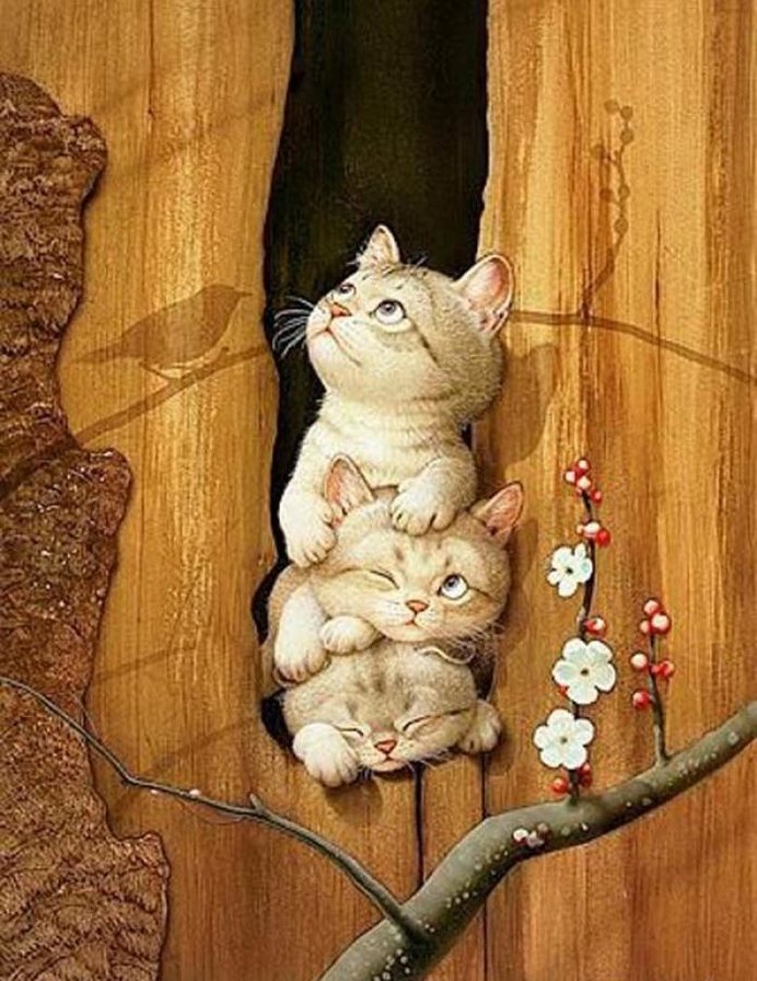 Трио - котята, дерево - оригинал