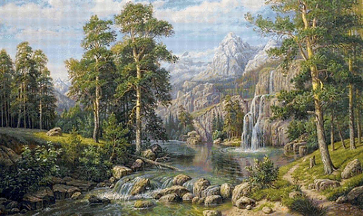горный пейзаж - лето, водопад, лес, озеро, река, пейзаж, горы - предпросмотр