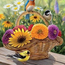 Схема вышивки «корзина с цветами и птицами»
