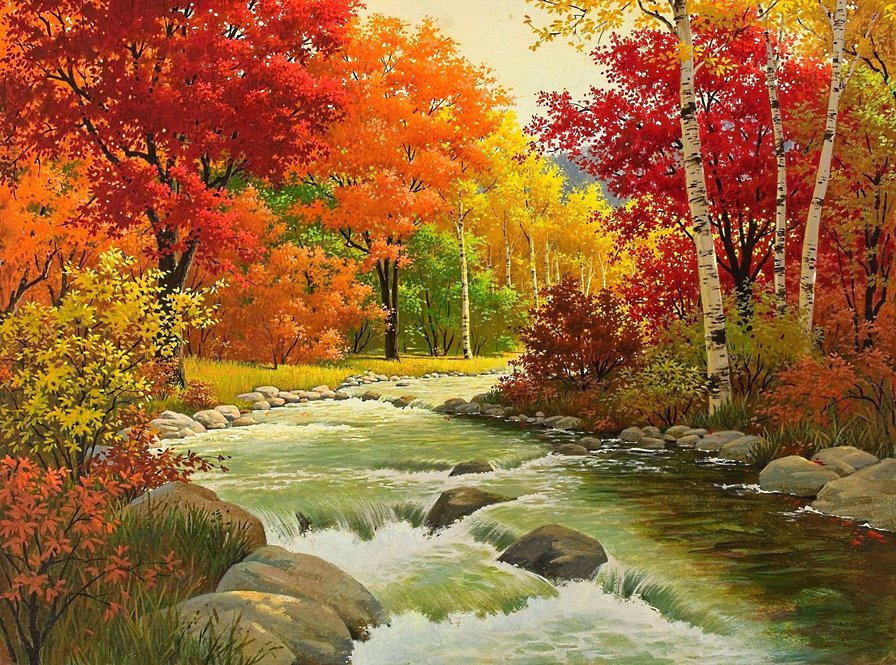 "В багрец и золото одетые леса..." - ручей, пейзаж, река, осень, лес - оригинал