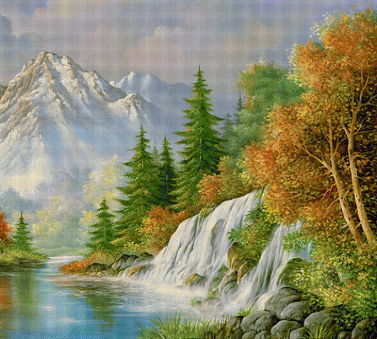 осенний пейзаж - природа, деревья, осень, водопад, горы, вода - предпросмотр