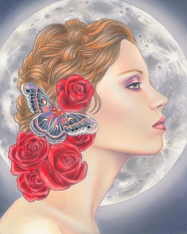 моя прекрасная Леди - луна, бабочка, красные цветы, розы, девушка, женщина, роза - оригинал
