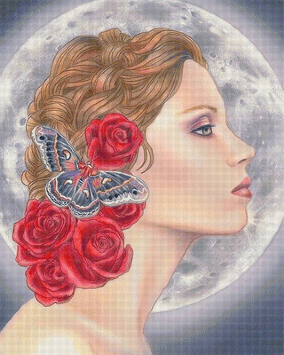 моя прекрасная Леди - луна, девушка, бабочка, женщина, розы, роза, красные цветы - предпросмотр