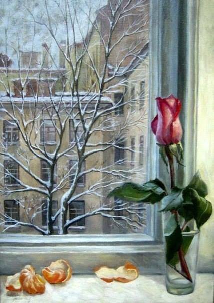 вид из окна - пейзаж, зима, окно, розы, природа - оригинал