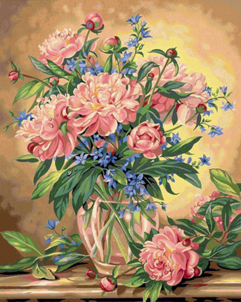 роскошный букет - пионы, синие цветы, незабудки, букет, розовые цветы, голубые цветы - предпросмотр
