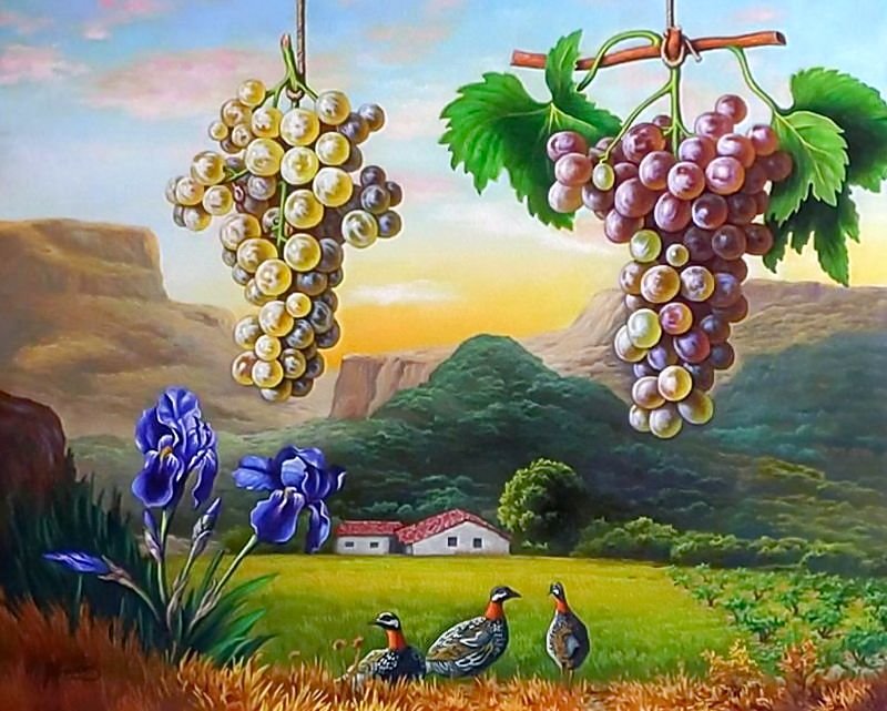Худ.Juan Antonio Pradales.Натюрморт с виноградом на фоне пейзажа - виноград, живопись., натюрморт, пеййзаж - оригинал