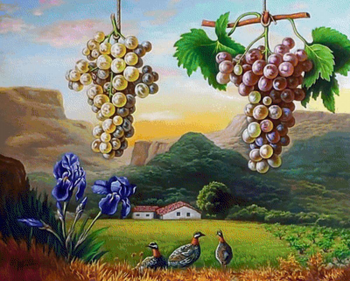 Худ.Juan Antonio Pradales.Натюрморт с виноградом на фоне пейзажа - виноград, пеййзаж, живопись., натюрморт - предпросмотр