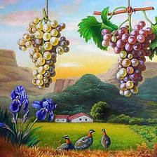 Оригинал схемы вышивки «Худ.Juan Antonio Pradales.Натюрморт с виноградом на фоне пейзажа» (№1333340)