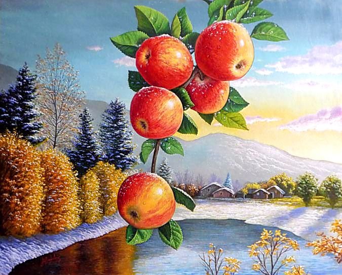 Худ. Juan Antonio Pradales. Ветка яблок на фоне пейзажа. - живопись., натюрморт, яблоки, пейзаж - оригинал