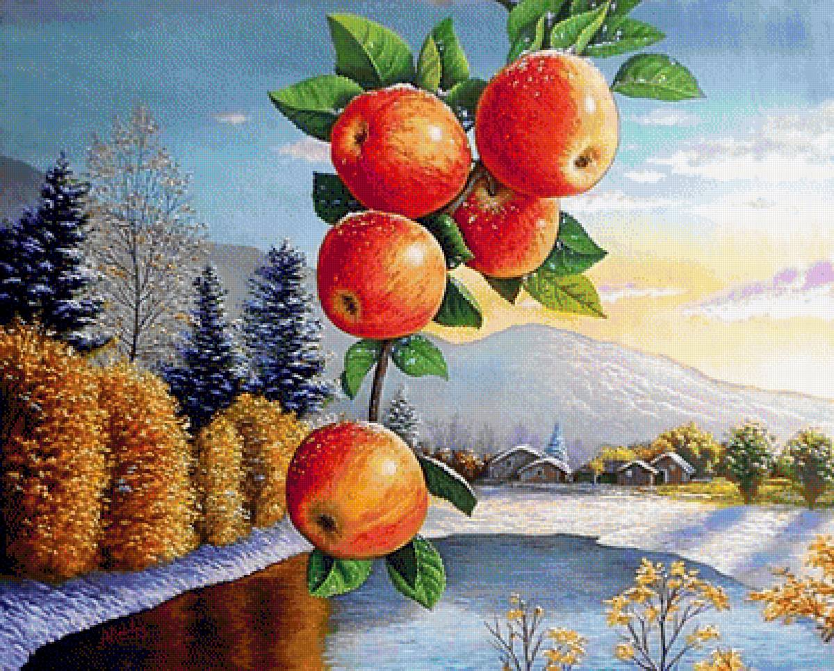 Худ. Juan Antonio Pradales. Ветка яблок на фоне пейзажа. - натюрморт, яблоки, пейзаж, живопись. - предпросмотр