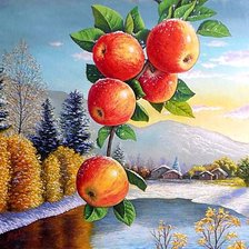 Оригинал схемы вышивки «Худ. Juan Antonio Pradales. Ветка яблок на фоне пейзажа.» (№1333347)