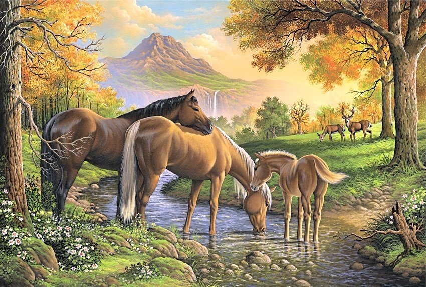 на водопое - олени, осень, лошади, горы, лес, домашние животные, кони - оригинал