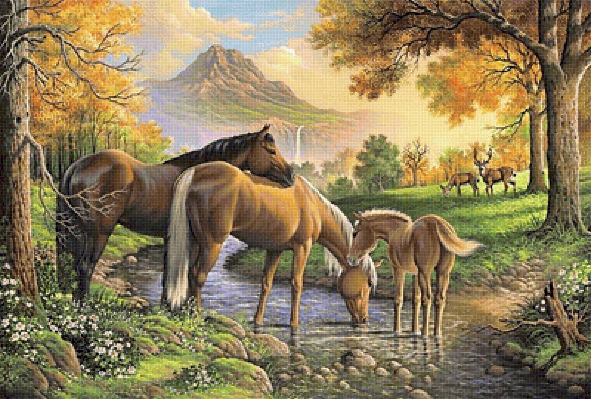 на водопое - домашние животные, кони, осень, лошади, горы, лес, олени - предпросмотр