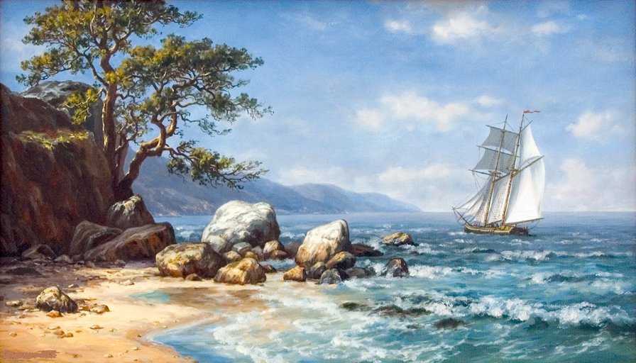 Морская прогулка по картине Слободина Е. - парус, волны, моря, дерево - оригинал