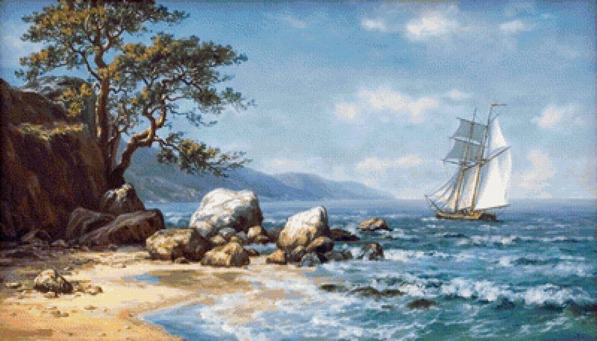 Морская прогулка по картине Слободина Е. - волны, дерево, парус, моря - предпросмотр