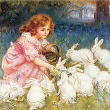 Схема вышивки «Девочка с зайцами на полянке»