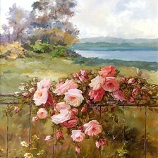 Худ. R. Mfsson Benoit.Пейзаж с розами.