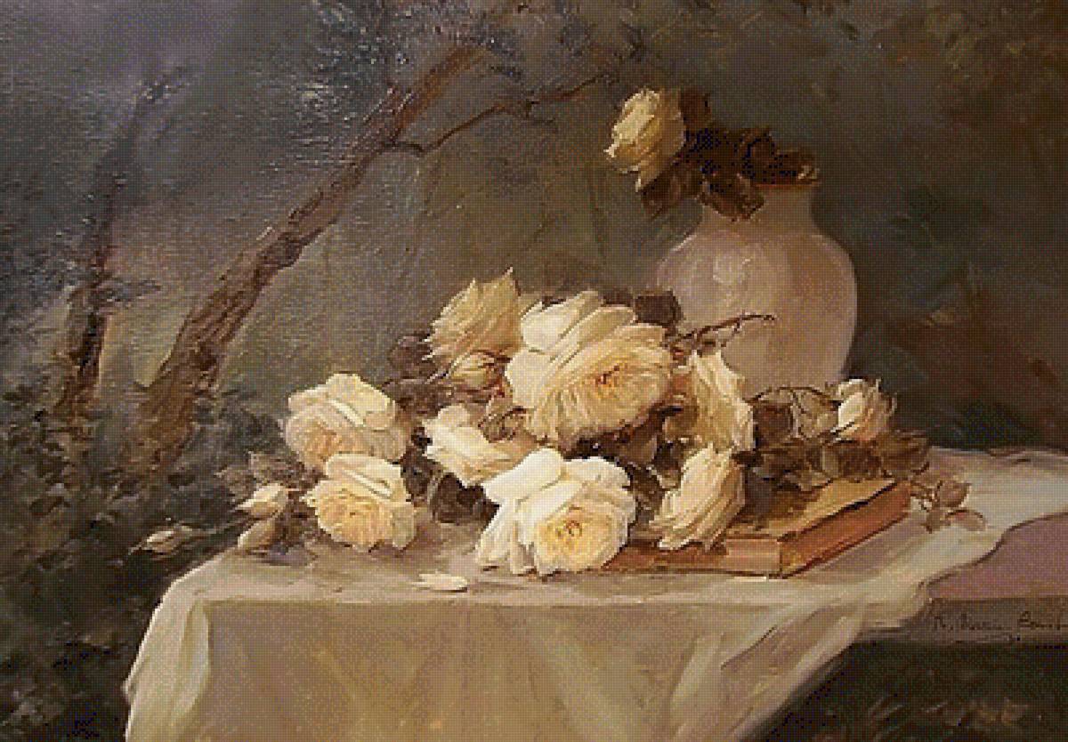 Худ. R. Masson Benoit. Натюрморт с розами и книгой. - книга, живопись., натюрморт, розы, цветы - предпросмотр