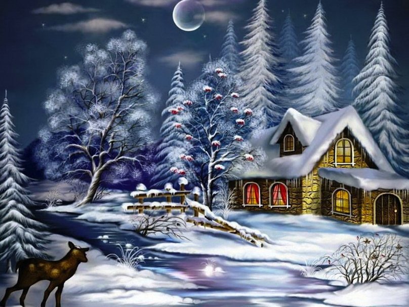 зимний вечер - пейзаж, рождество, зима, дом, природа, ночь - оригинал
