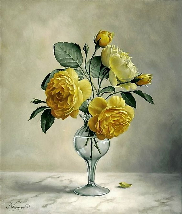 Желтые розы от Питера Вагемана - розы, живопись, букет - оригинал