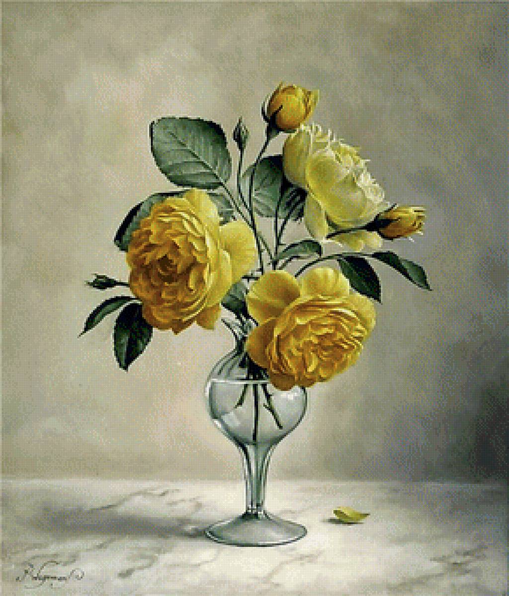 Желтые розы от Питера Вагемана - живопись, розы, букет - предпросмотр