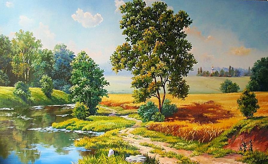 №1423773 - река, дорожка, пейзаж, дерева, живопись, природа - оригинал