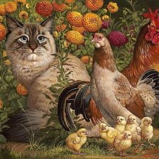 Оригинал схемы вышивки «Кот в цветах с куриным семейством» (№1439715)
