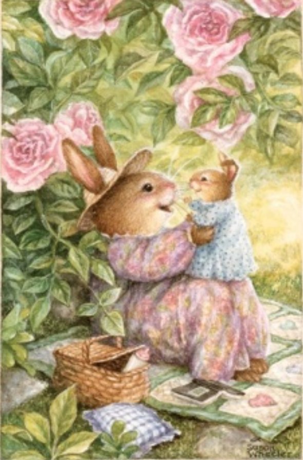 Семья кроликов - кролики, мама, розы, семья, дети - оригинал
