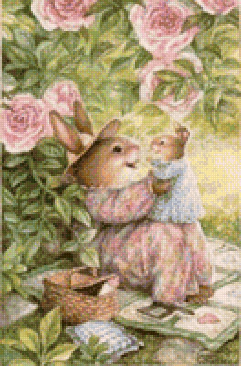 Семья кроликов - семья, розы, мама, дети, кролики - предпросмотр