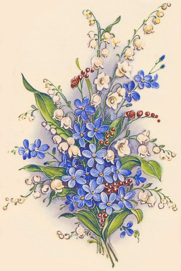 старая открытка - ретро, букет, белые цветы, синие цветы, винтаж, незабудки, ландыши - оригинал