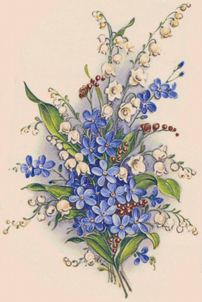 старая открытка - букет, незабудки, винтаж, ландыши, синие цветы, ретро, белые цветы - предпросмотр