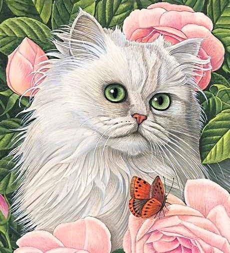 кошки и цветы - домашние животные, кот, кошка, бабочка, розовые цветы, розы - оригинал