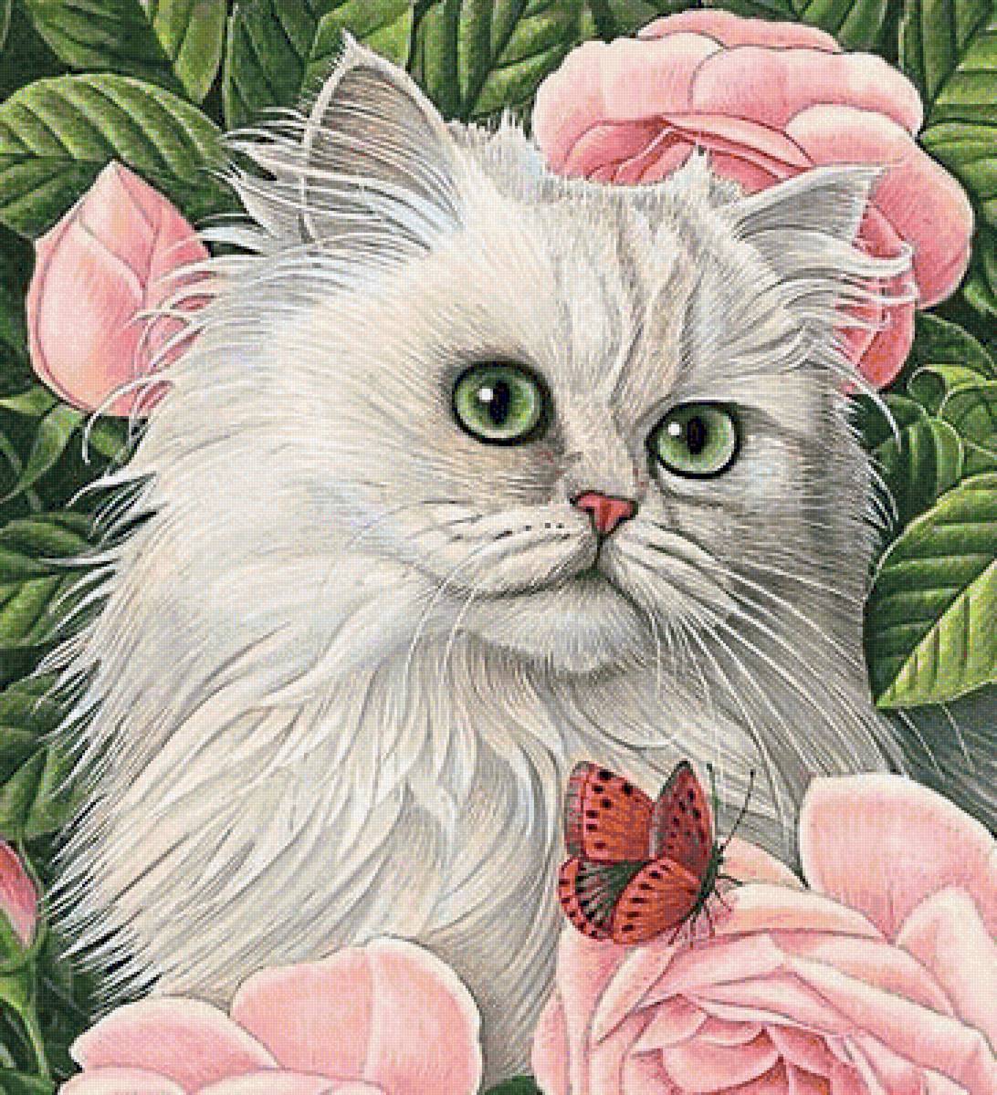 кошки и цветы - розовые цветы, кот, розы, домашние животные, бабочка, кошка - предпросмотр