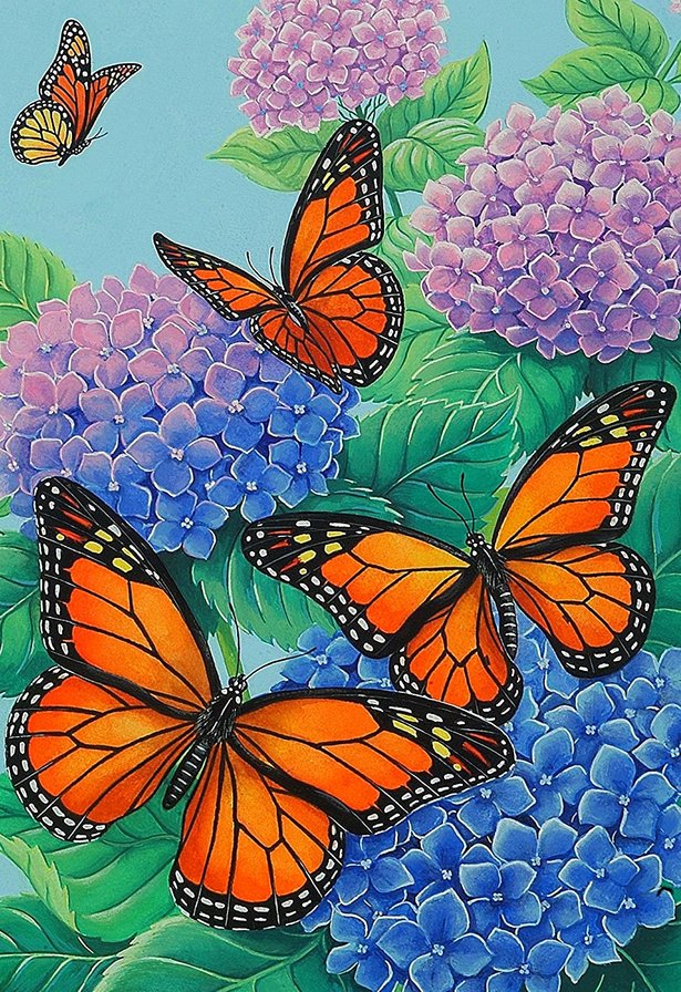 бабочки и цветы - синие цветы, бабочки, гортензия, голубые цветы - оригинал