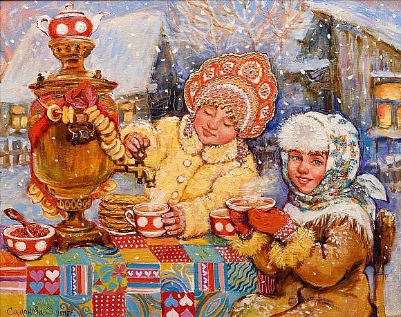 Масленица - снег, зима, праздник, самовар, чай, мед, блины - оригинал
