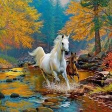 Схема вышивки «Осенний пейзаж и лошади»