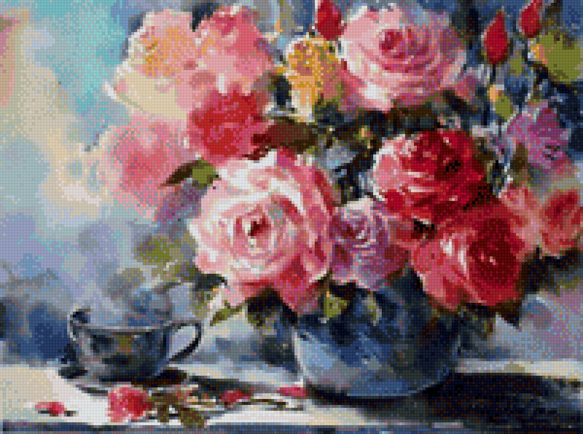 Розы - картина, розы в вазе, розы, ваза, цветы. - предпросмотр