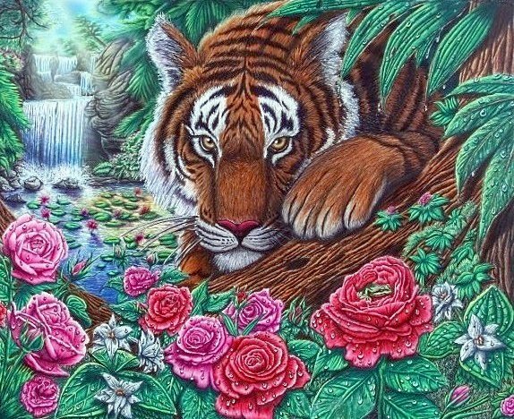 хозяин джунглей - розы, хищники, тигр, красные цветы, водопад - оригинал