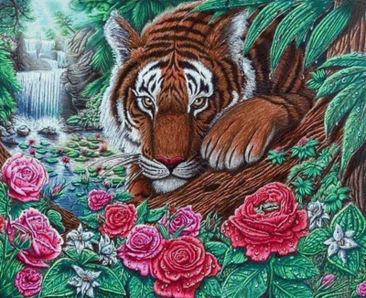 хозяин джунглей - водопад, красные цветы, хищники, тигр, розы - предпросмотр